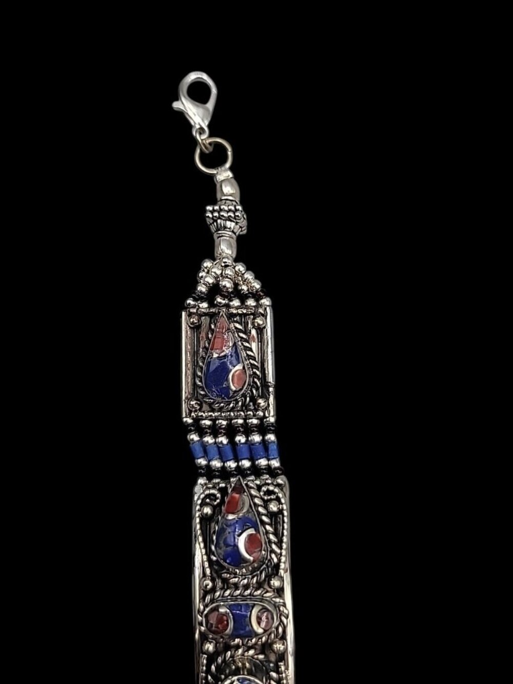Vintage Tibetan Nepalese Silver Inlay Bracelet Lapis Coral 7.5” Ethnic Boho - Picture 10 of 16